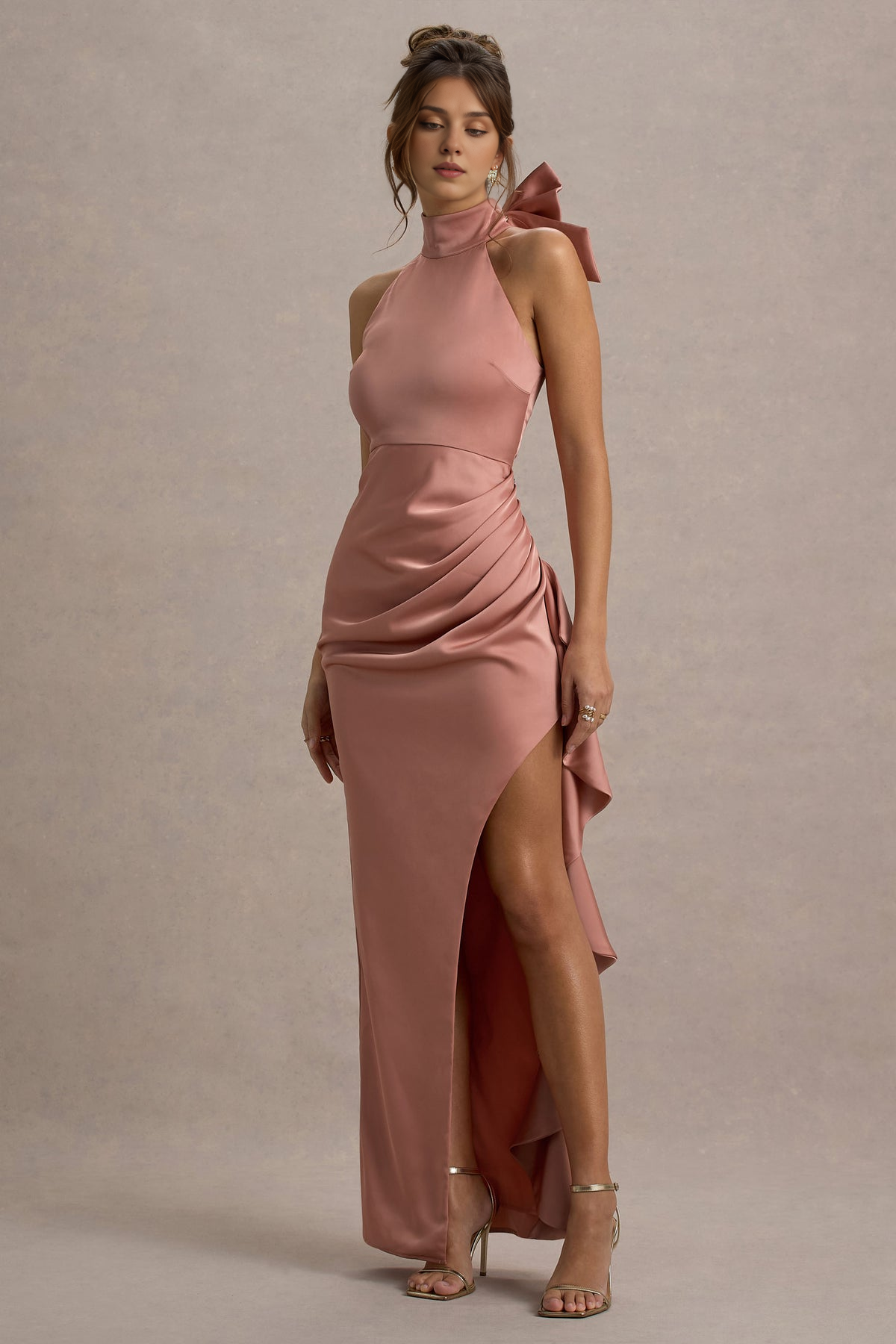 Robe Weitese en satin rose, col haut, drapée, longue, robe de bal avec nœud, volants, longueur au sol, robe de demoiselle d'honneur, sans manches